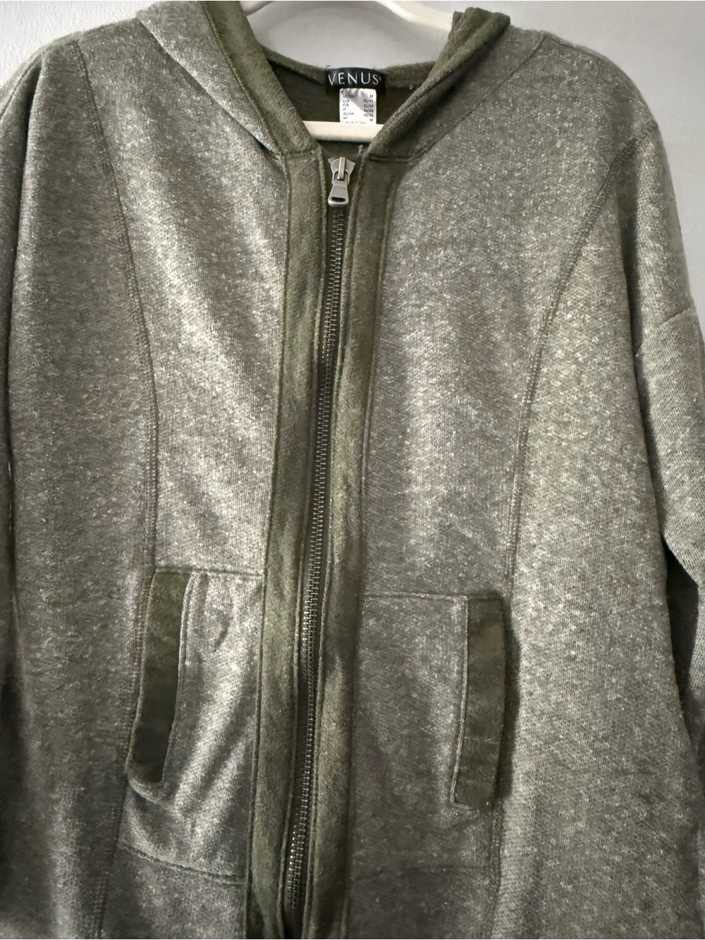 VENUS Olive Green Burnout Zip Up Hoodie Jacket Womens Medium Curved Hem - Picture 6 of 8